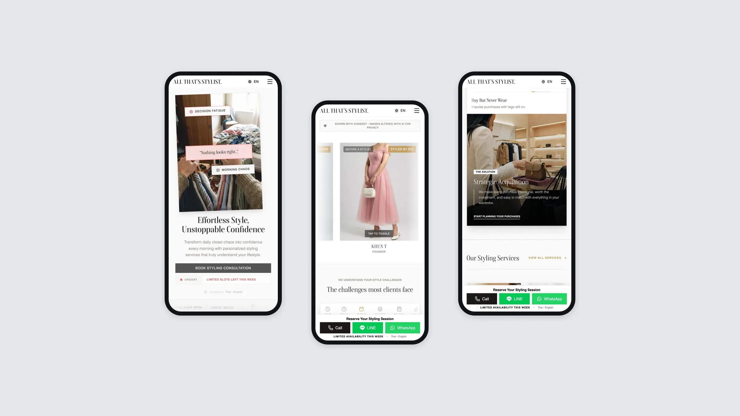 Die Website von All That’s Stylist Service auf drei Smartphones