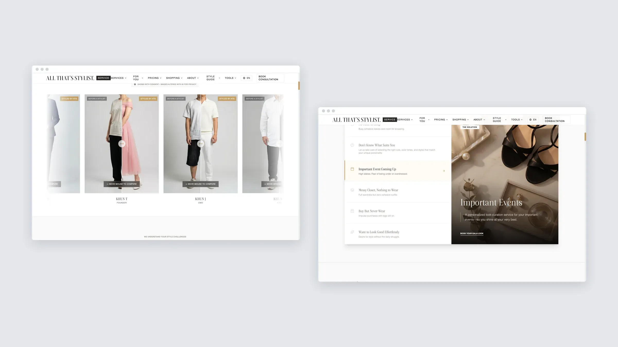Zwei weitere Abschnitte der Website von All That’s Stylist Service auf dem Desktop