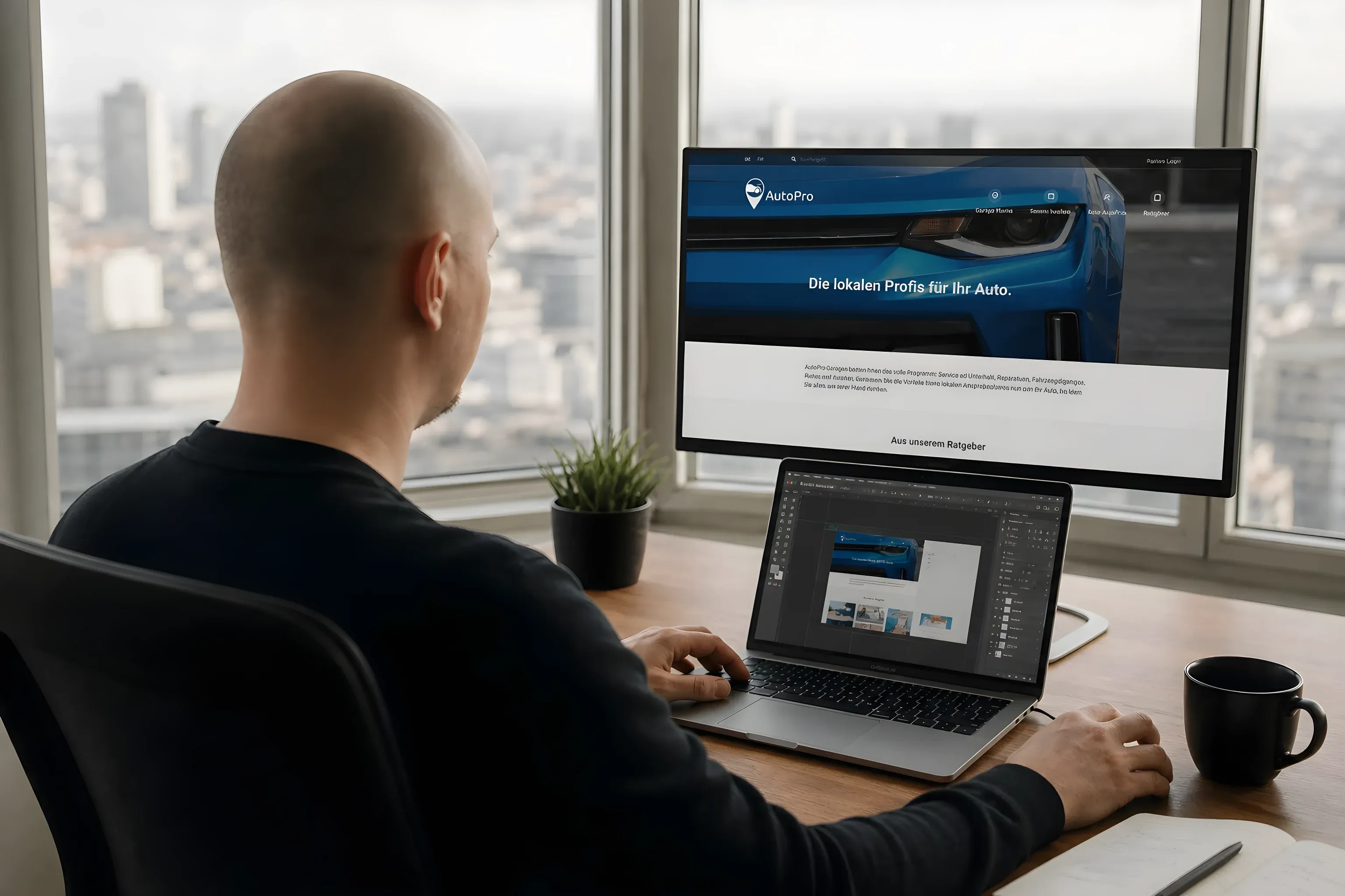 Me at my desk, the AutoPro site on an external monitor