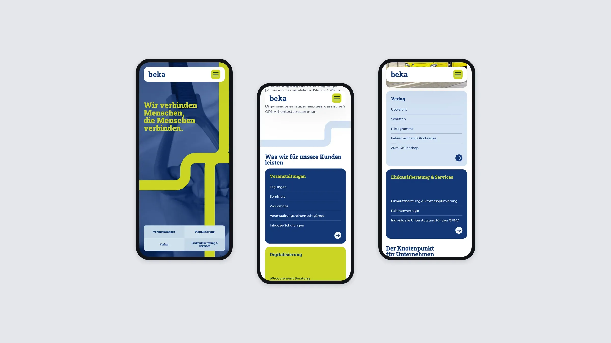 Die BEKA-Website auf drei Smartphones