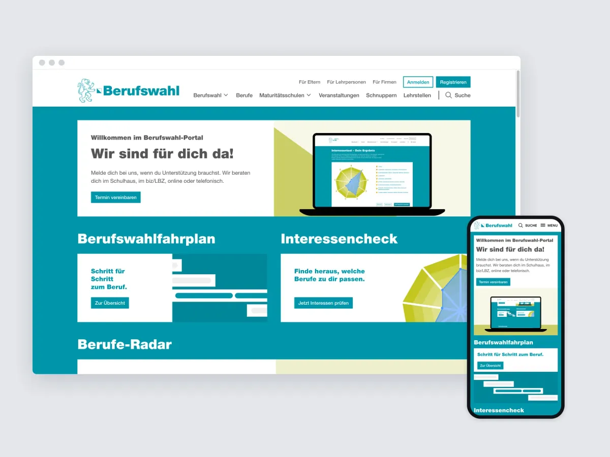 The Berufswahl-Portal shown in a desktop browser and on a phone