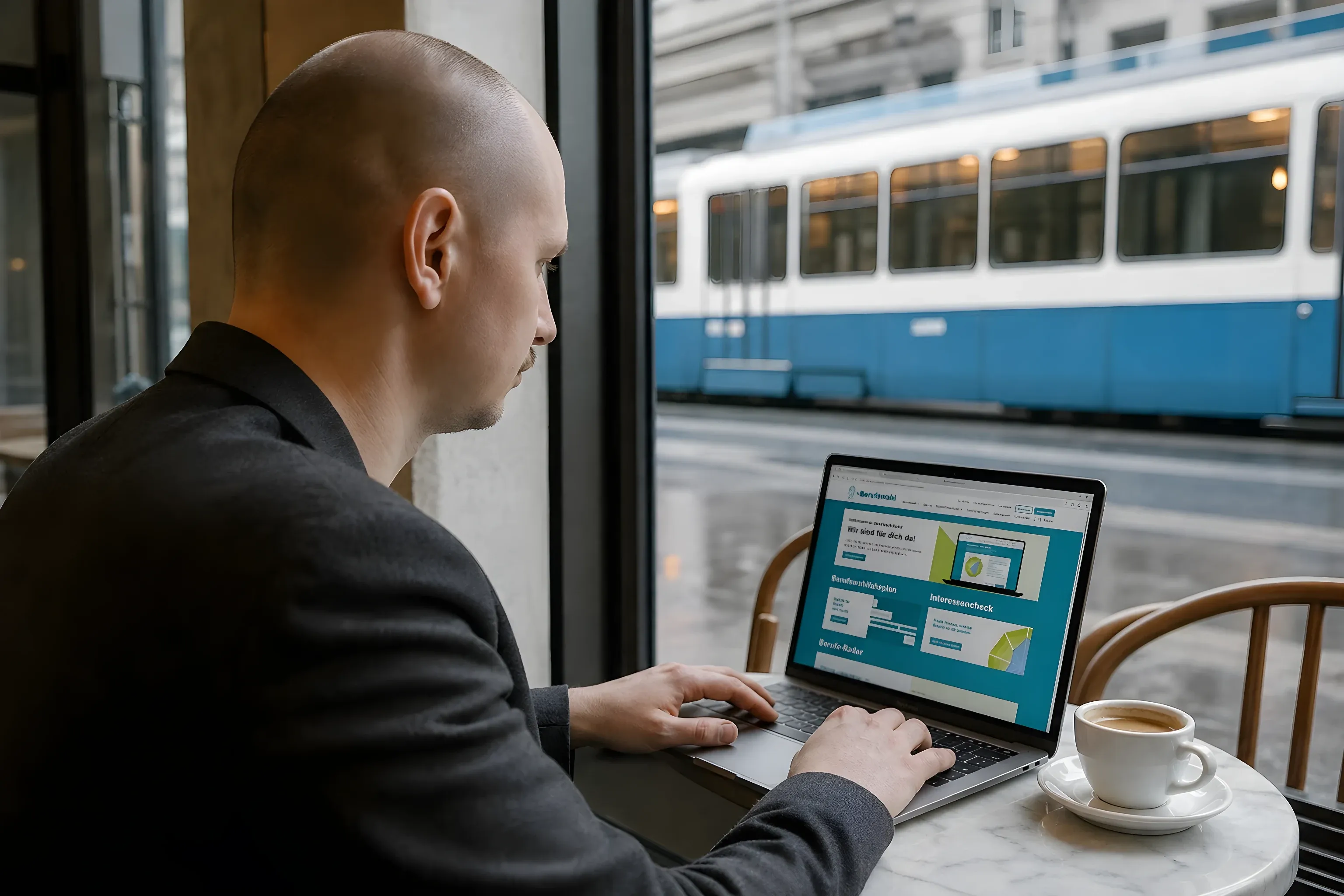 Me working on the Berufswahl-Portal on a MacBook in a Zurich café