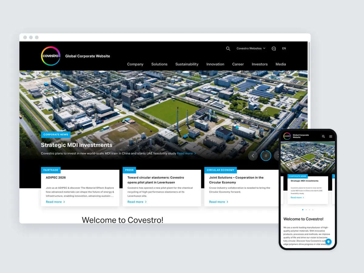 The Covestro website in a desktop browser and on a phone