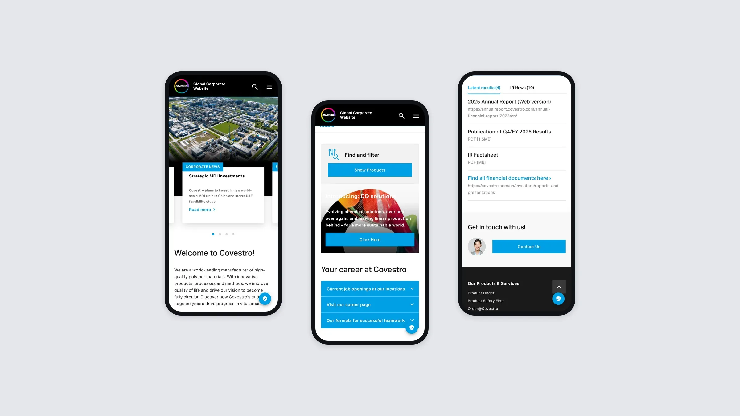 The Covestro site on three phones