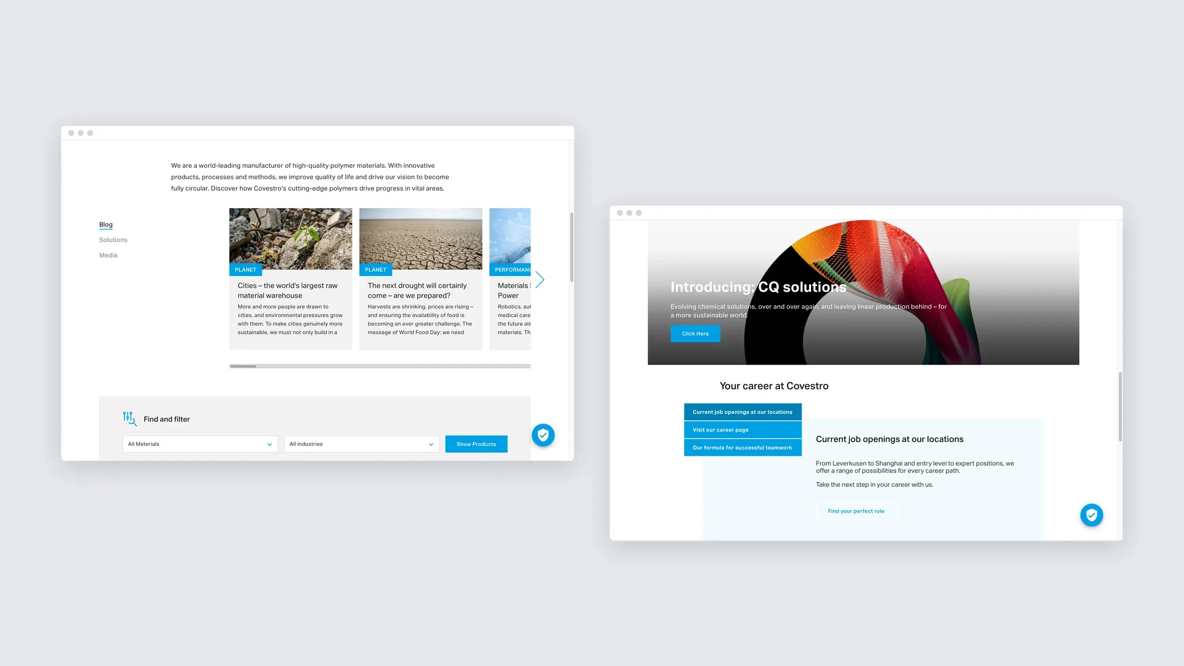 Two more sections of the Covestro site on desktop