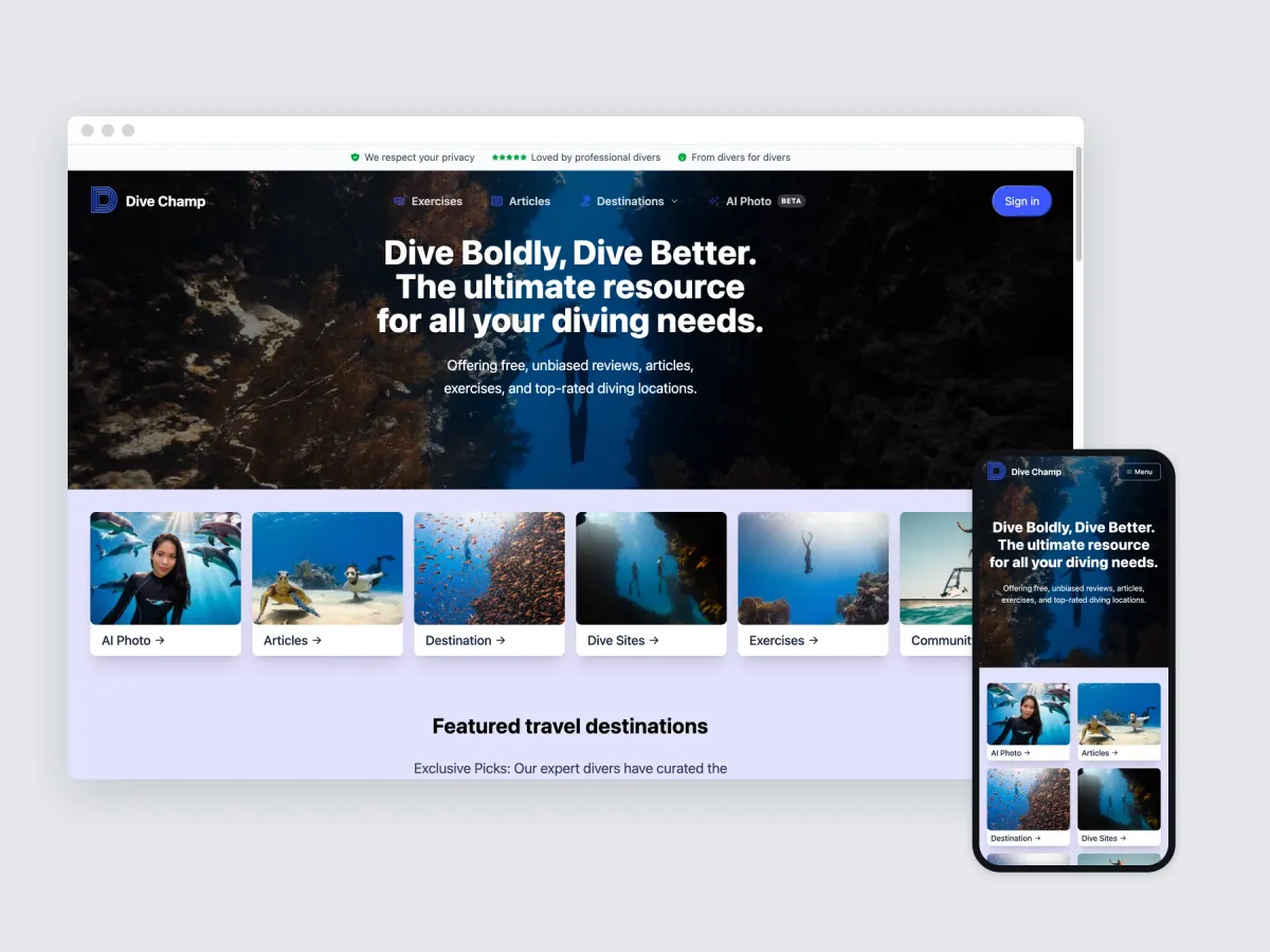 The Dive Champ website in a desktop browser and on a phone