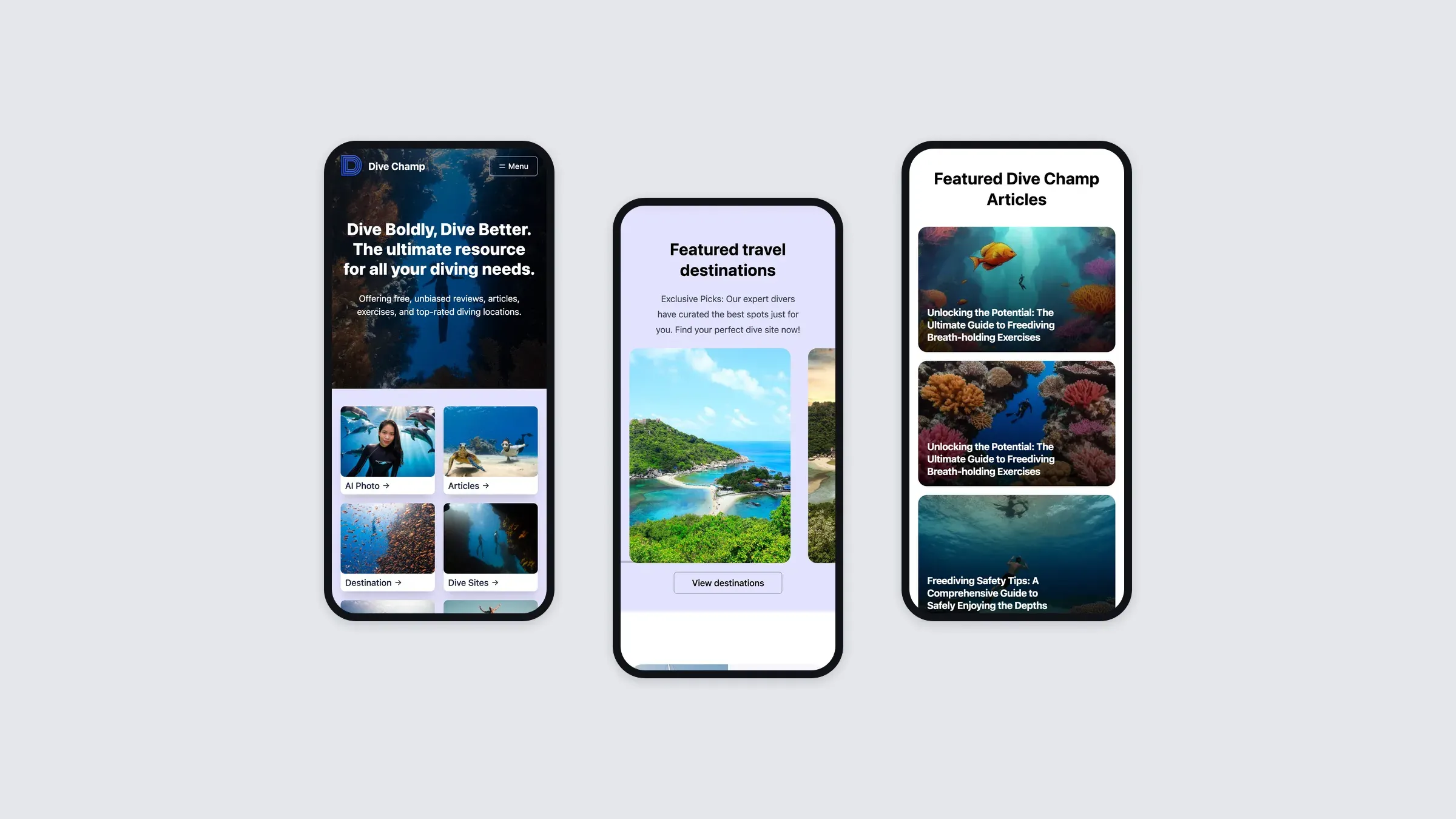The Dive Champ site on three phones