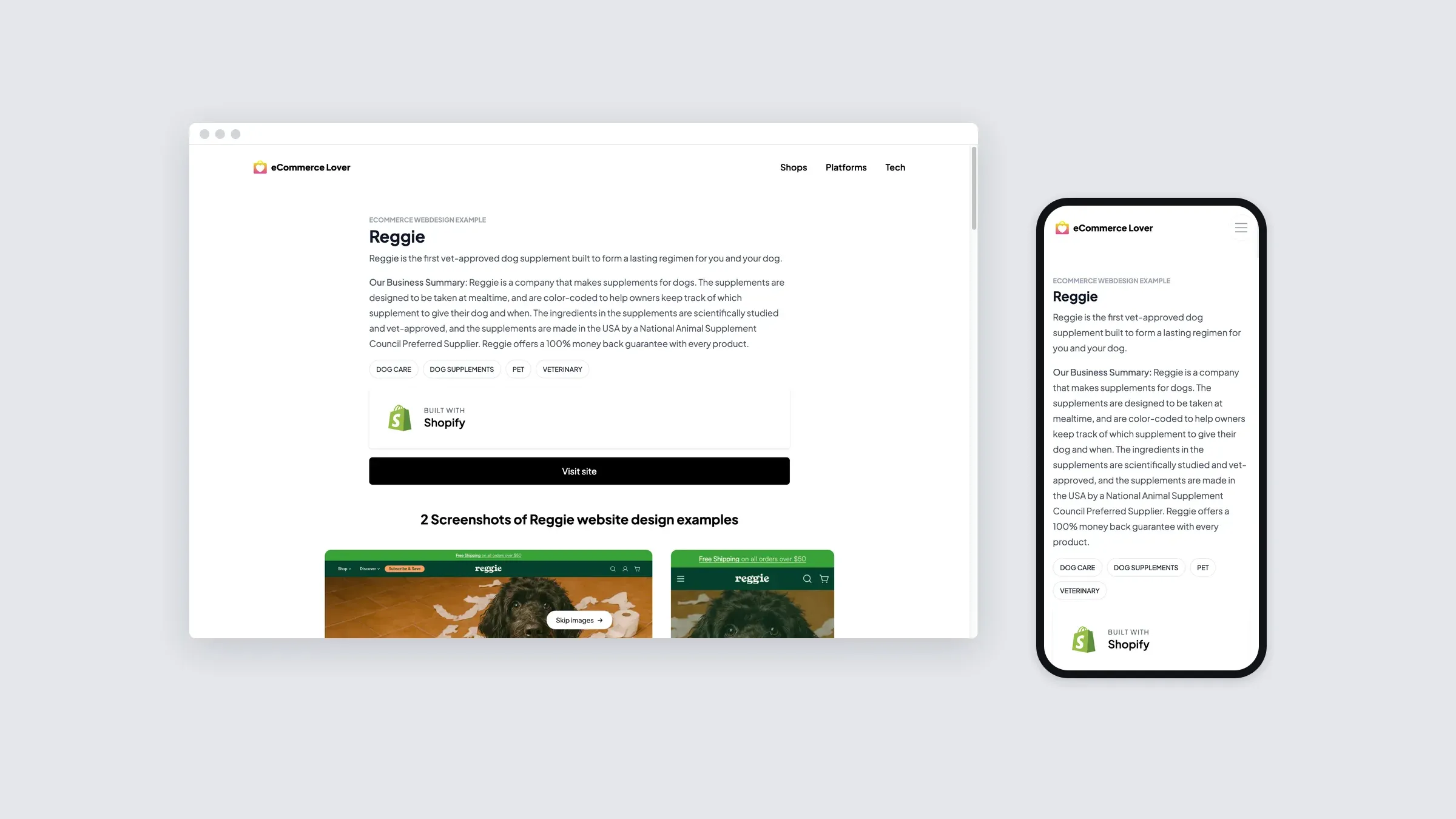 Die Shop-Seite von Reggie auf Desktop und Smartphone