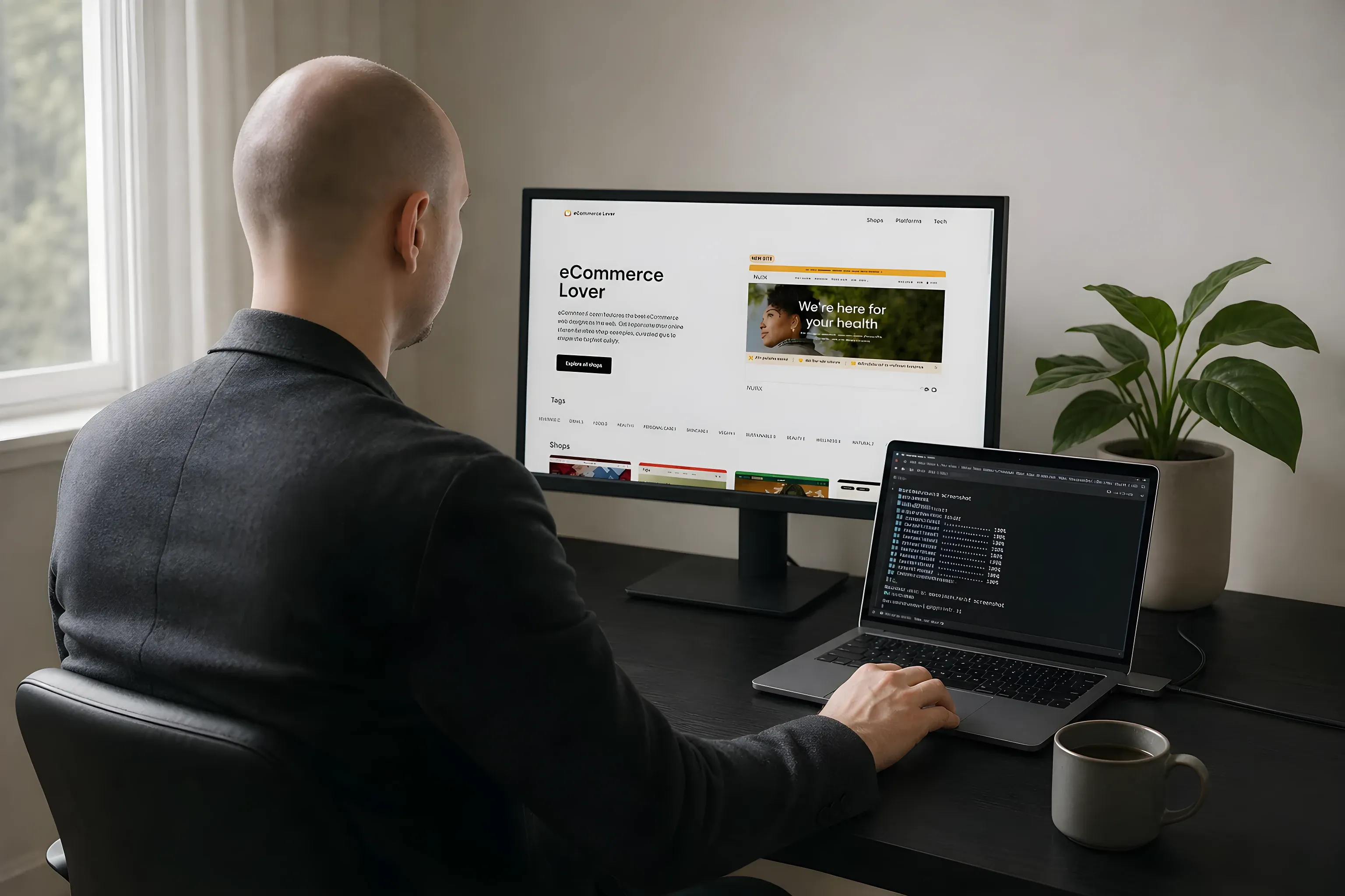 Ich am Schreibtisch, eCommerce Lover auf dem Monitor und das Screenshot-Skript auf dem Laptop