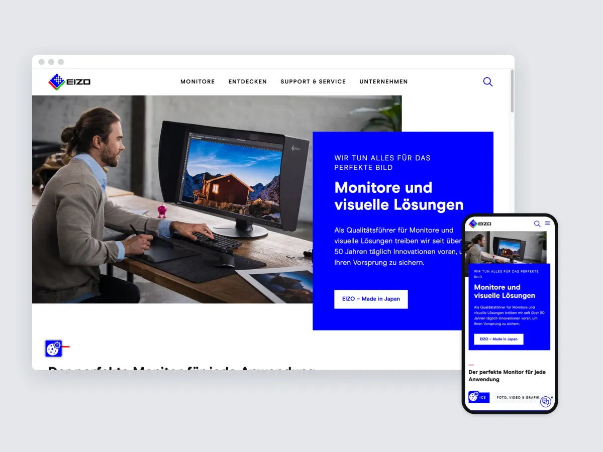 The EIZO website in a desktop browser and on a phone