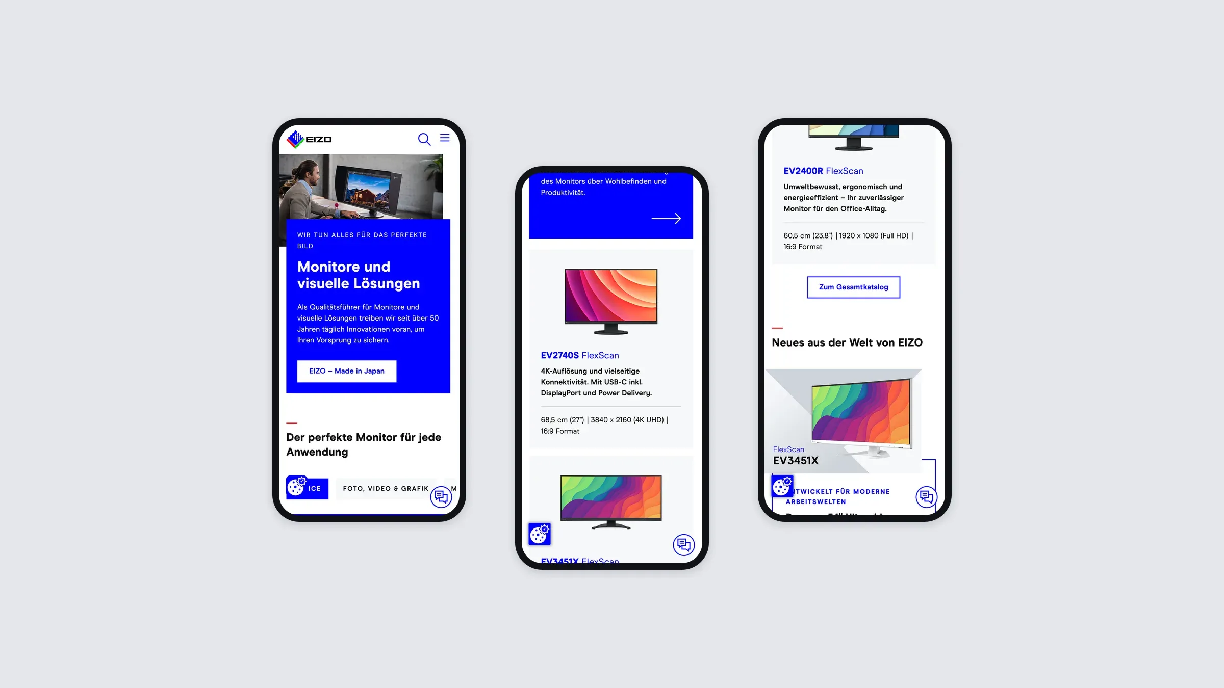 Die EIZO-Website auf drei Smartphones