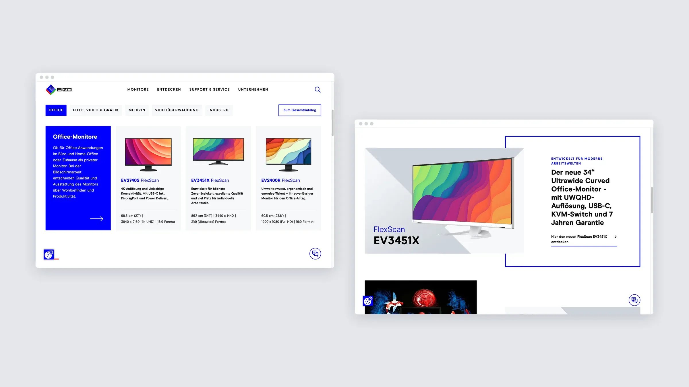 Zwei weitere Bereiche der EIZO-Website auf dem Desktop