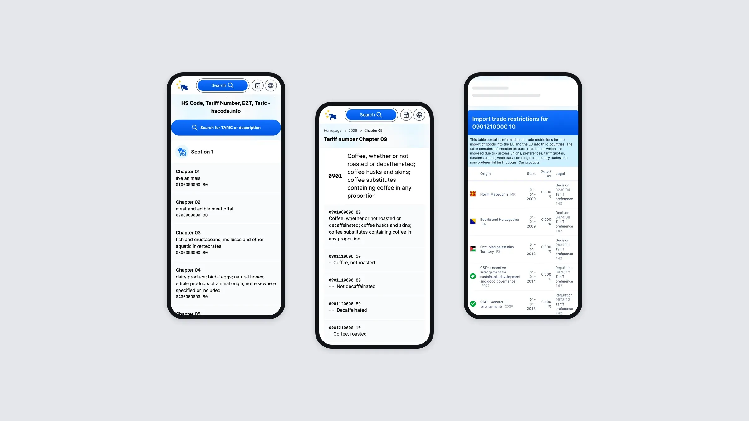 hscode.info auf drei Smartphones