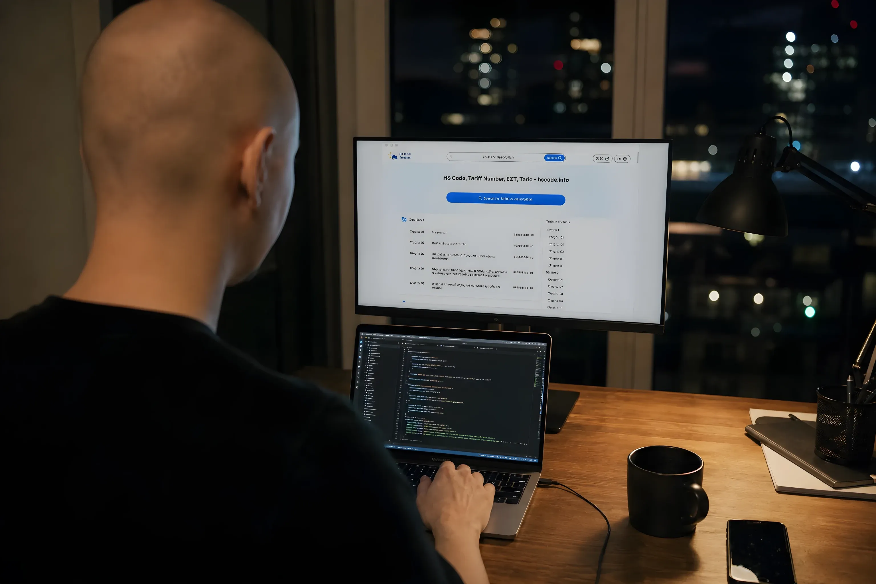 Ich am späten Abend, hscode.info auf einem Bildschirm und Code auf dem anderen