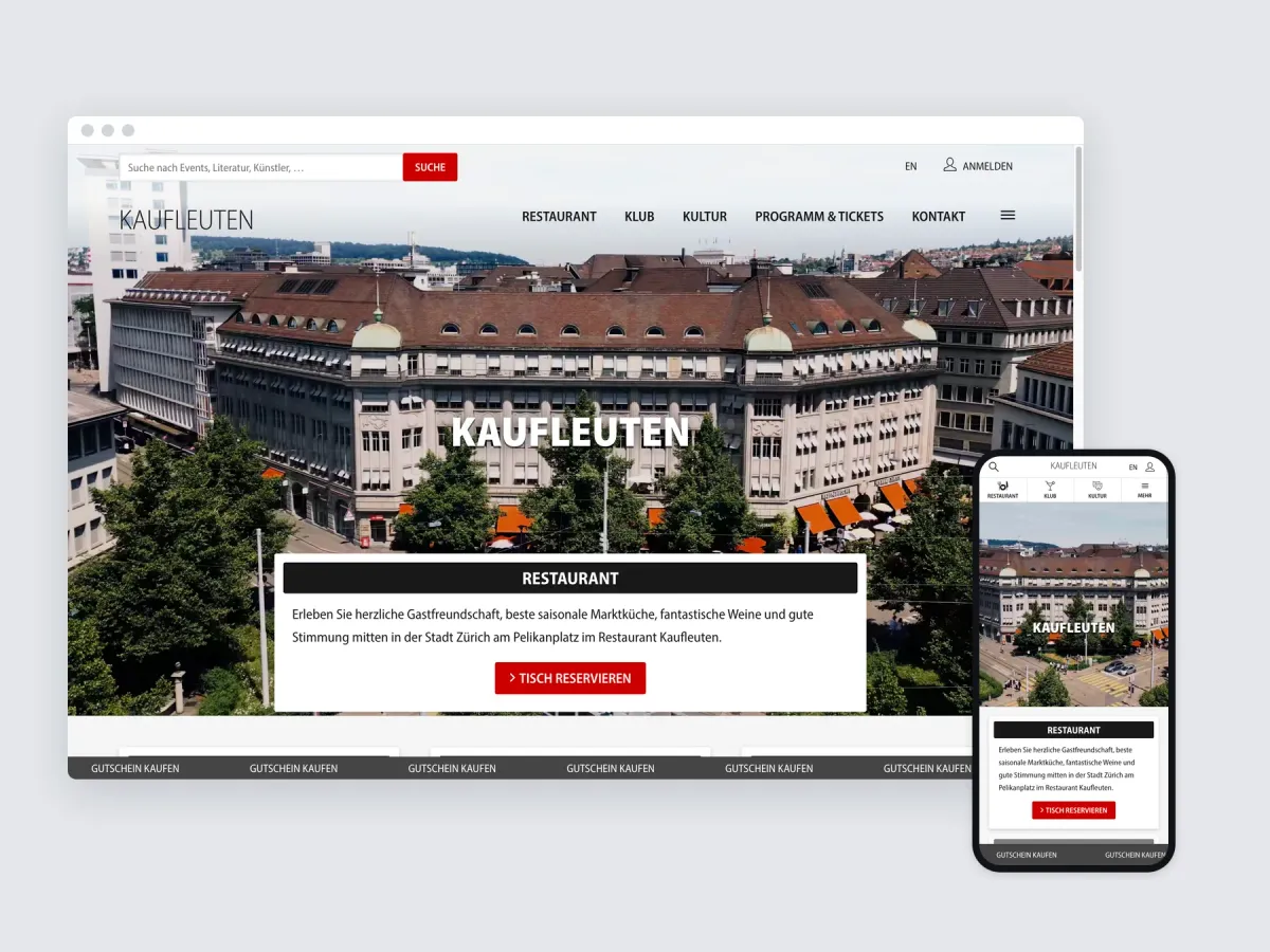 The Kaufleuten website in a desktop browser and on a phone