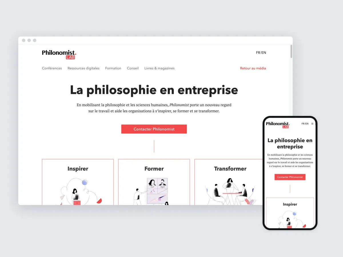 The Philonomist page for businesses in a desktop browser and on a phone