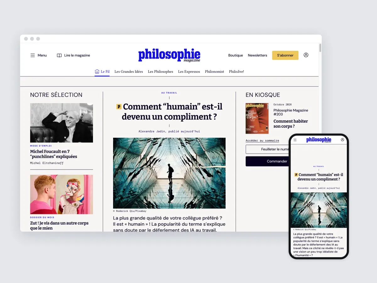 The Philosophie Magazine front page in a desktop browser and on a phone