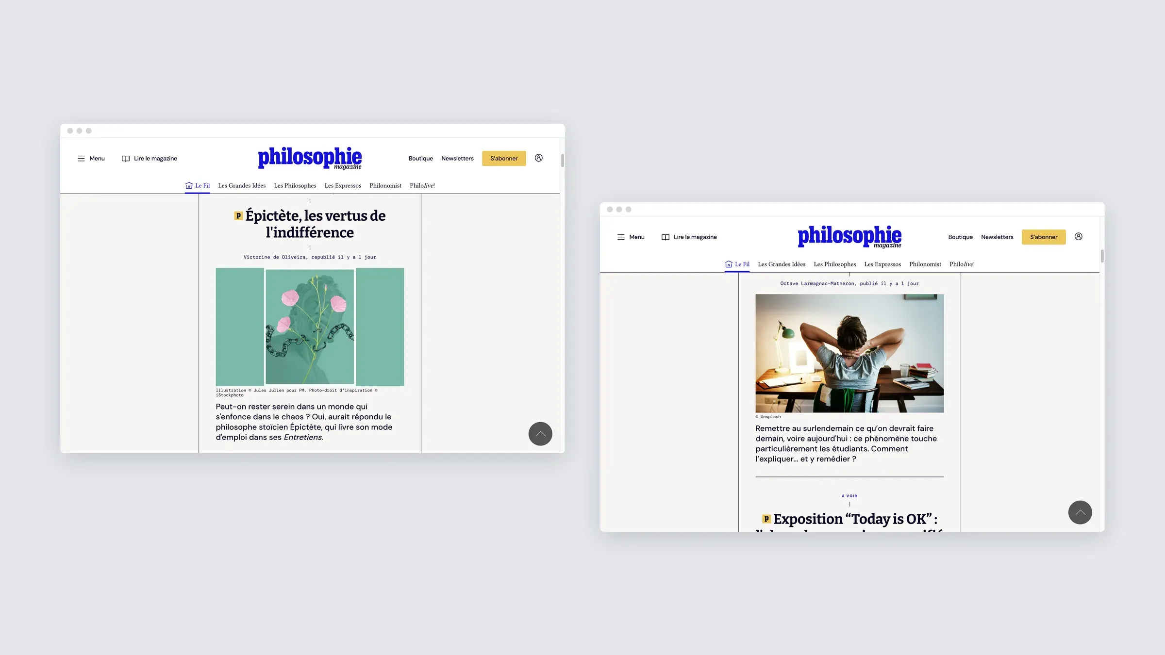 Two further sections of the Philosophie Magazine site on desktop