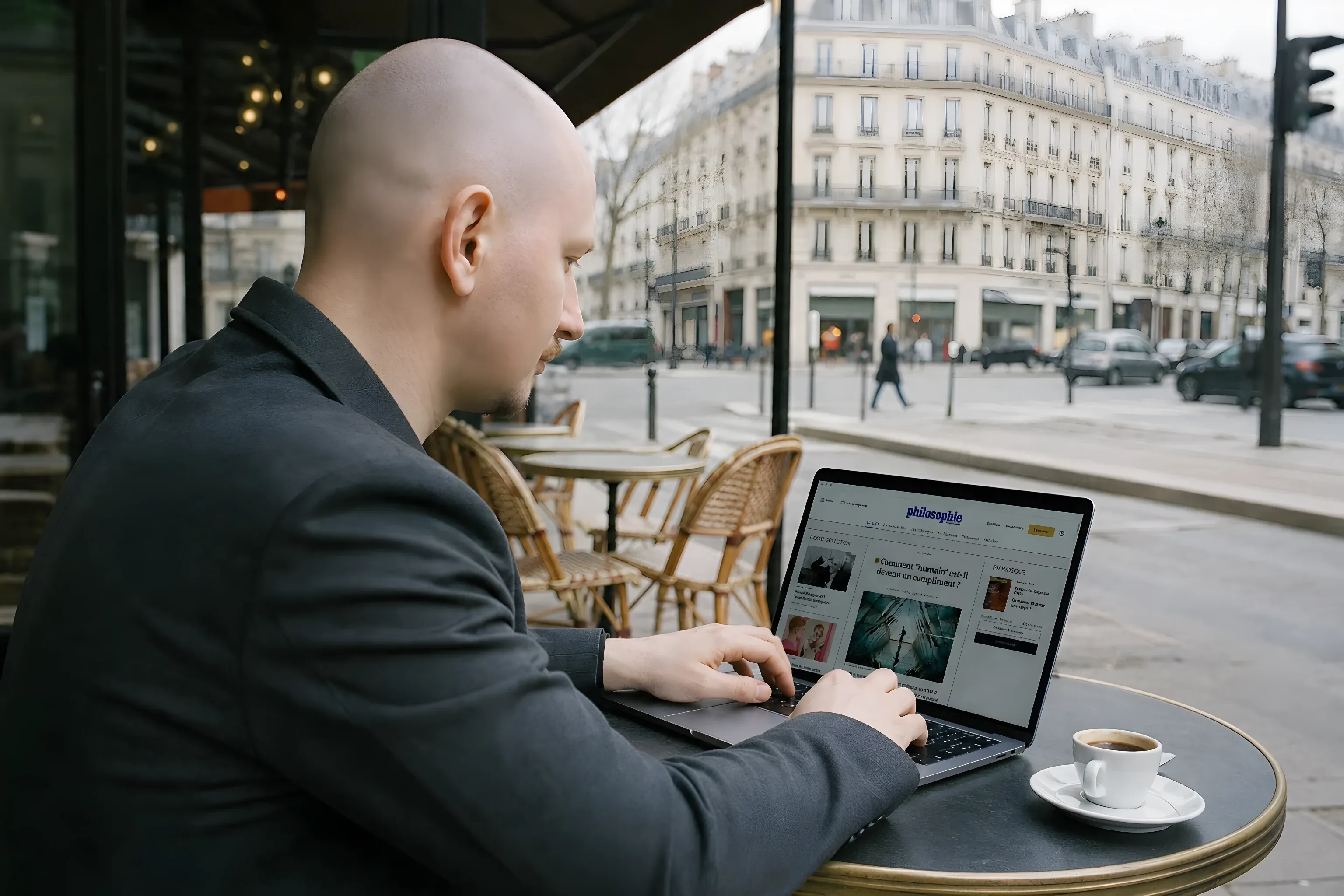 Me working on the Philosophie Magazine site from a café terrace in Paris