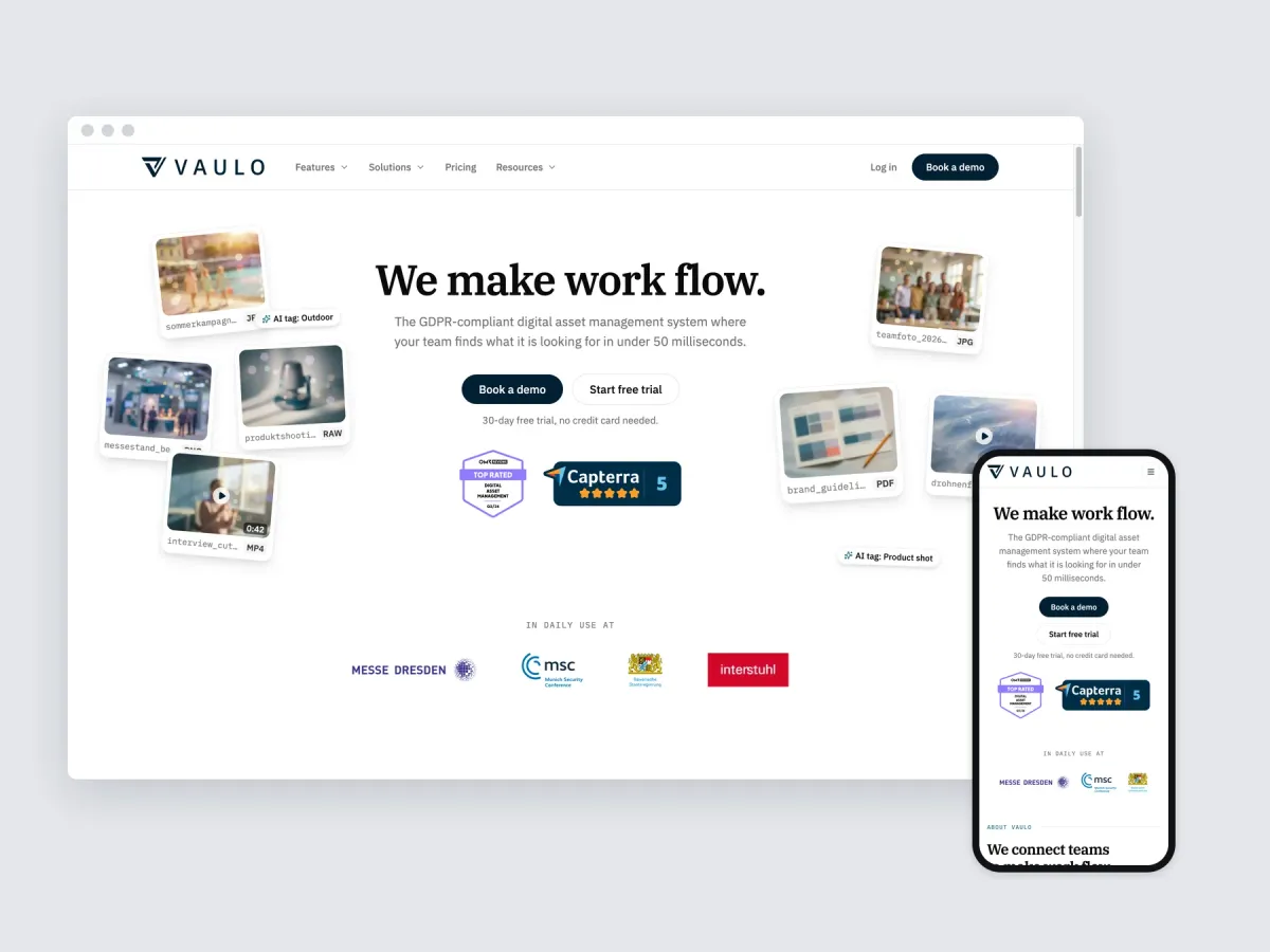 The Vaulo website shown in a desktop browser and on a phone