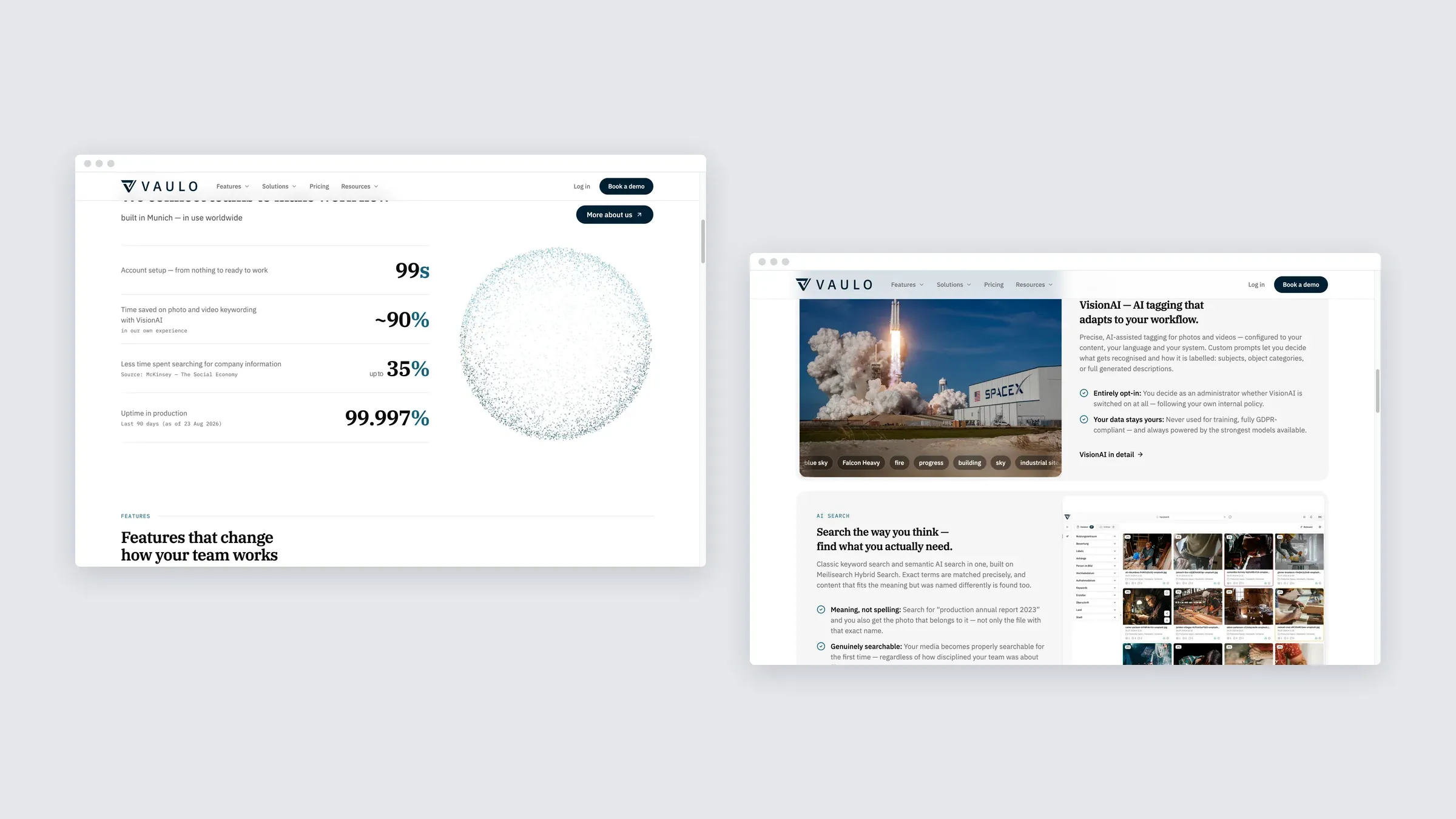 Zwei weitere Abschnitte der Vaulo-Website auf dem Desktop