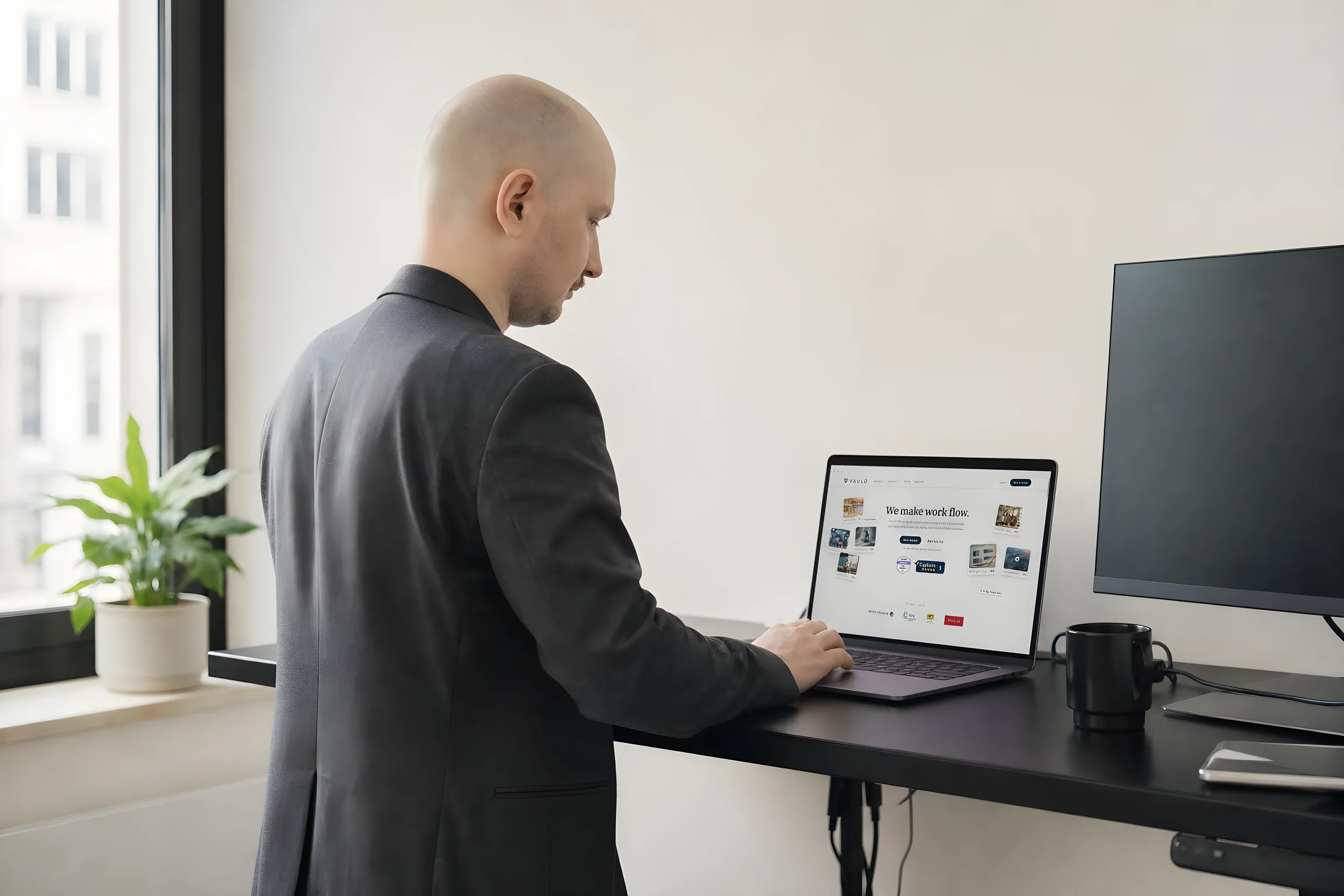 Ich am Stehpult, die Vaulo-Website offen auf meinem MacBook